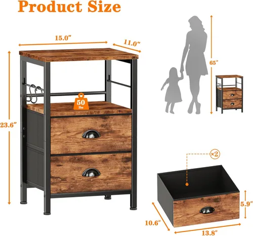 Miniatura 3 de Furologee Juego de 2 Mesitas de Noche, Mesita de Noche con 2 Cajones de Tela, Mesa de Cabecera con Estante Abierto, Superficie de Madera, Ganchos