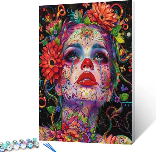 Miniatura 28 de Kit de Pintura por Números de Retrato de Mujer Calavera de Azúcar al Óleo de 16 x 20 Pulgadas, Lienzo para Halloween, Decoración para Mujeres, Chica