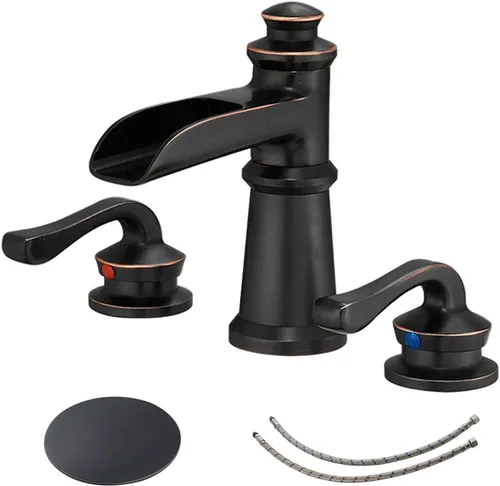 Miniatura 10 de BWE Grifo de baño generalizado de 3 agujeros, color negro mate con montaje de drenaje desplegable y manguera de suministro, cascada negra, de dos
