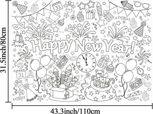 Miniatura 2 de Póster gigante para colorear con texto en inglés «Happy New Year» para niños y niñas, mantel gigante para colorear con libros grandes, para pared