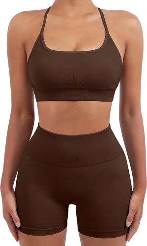 Miniatura 4 de SUUKSESS Conjuntos de entrenamiento sin costuras para mujer, sujetador deportivo con tiras y cintura alta, pantalones cortos