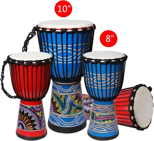 Miniatura 6 de LIEKE Djembe - Tambor africano de 10 x 20 pulgadas, cabeza de cabra caoba, pintado a mano, patrón pintado a mano, para adultos principiantes (azul)
