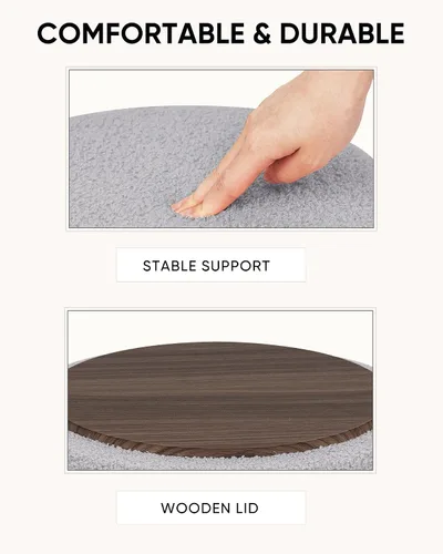 Miniatura 5 de Otomana redonda con almacenamiento, taburete Boucle con tapa de bandeja reversible, mesa de centro otomana plegable para dormitorio, sala de estar