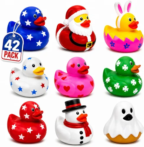 4E's Novelty Patos de goma para todas las fiestas, paquete a granel de 42 - incluye 6 de cada fiesta, patos de goma para el día de San Valentín,