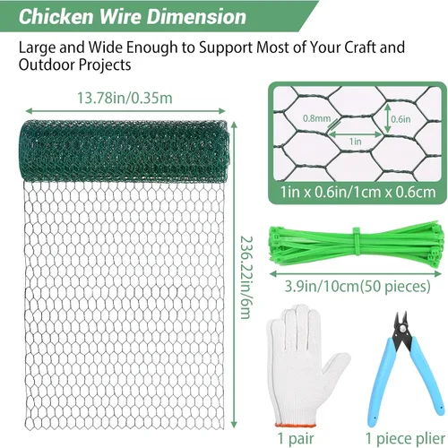 Miniatura 2 de Malla de gallinero para arreglos florales de 13.78 x 236 pulgadas, malla de gallinero floral hexagonal galvanizada ligera, verde, alambre
