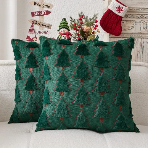 Miniatura 12 de Kevin Textile - Fundas de almohada con diseño de árbol de Navidad de 16 x 16 pulgadas, juego de 2, bordado de lujo, felpa suave, piel sintética