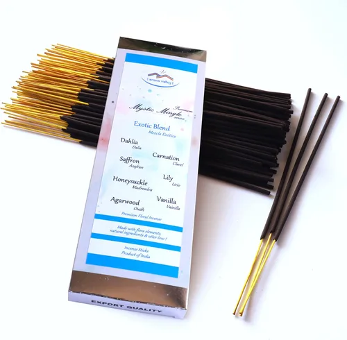 Varillas de incienso de mezcla exótica – Mezcla artesanal de dalia, lirio, azafrán, clavel, madreselva, vainilla y Oud – Incienso natural bañado a