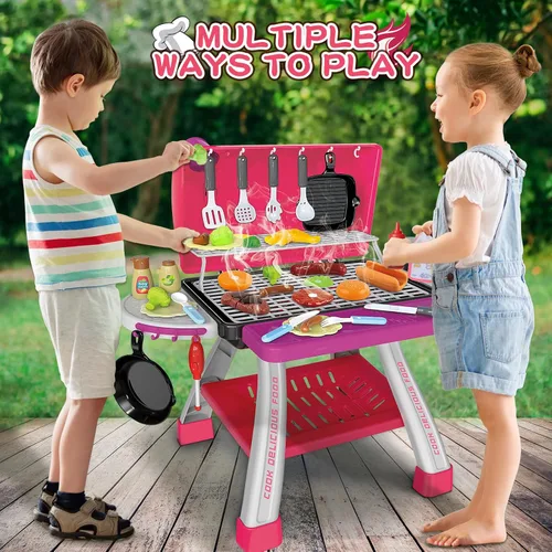 Miniatura 6 de Juguetes de Cocina para Niños, Parrilla de Barbacoa para Niños Juego de Cocina con Humo, Sonido y Luz, Juguetes de Comida Rosa Juego de Cocina