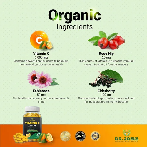 Miniatura 3 de Dr. JOEL'S Vitamina C de apoyo inmunológico 2000 mg - 200 tabletas - con zinc, saúco, rosa mosqueta, equinácea - Impulsa el sistema inmunológico