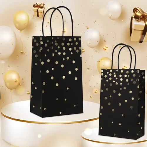 Miniatura 4 de ECOHOLA Bolsas de regalo de papel de aluminio negro y dorado con asas negras, 25 piezas de lunares metálicos dorados para regalos, minoristas