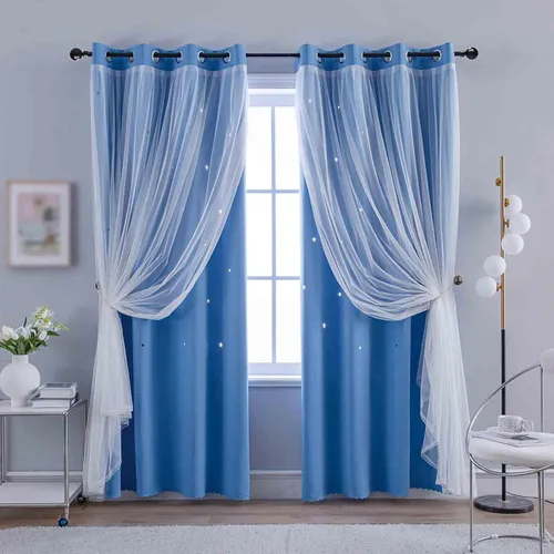 Miniatura 10 de Anytime - Cortinas románticas para niños, cortina de ventana con estrellas recortadas, cortinas opacas de doble capa para dormitorio de niñas, Azul