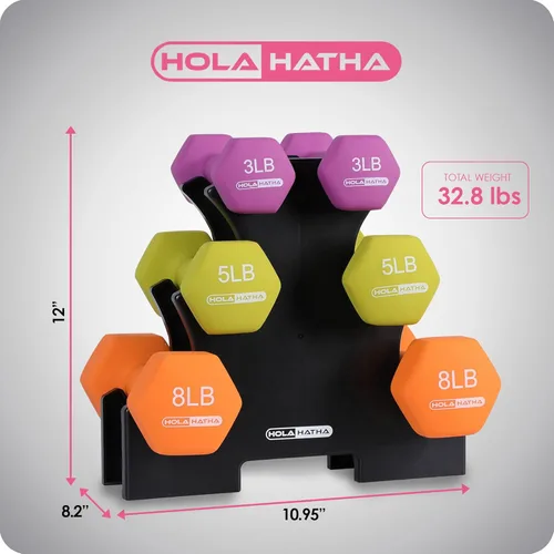 Miniatura 3 de HolaHatha Neoprene Dumbbell Weights Set w/Rack, Home Gym Equipment - Portable Weighted Exercise Dumbbells for Fitness, Training, and Lifting
