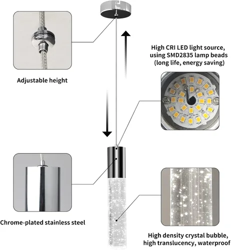 Miniatura 6 de OKELI Lámpara colgante moderna, luces LED de cristal de burbujas para isla de cocina, mini luces cromadas para isla de cocina, bar, 6 W, 6000 K, ETL