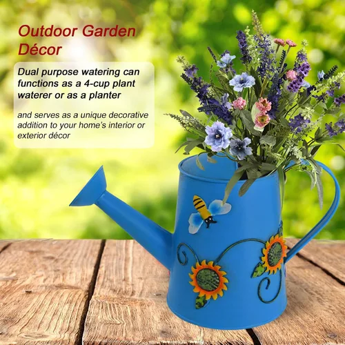 Miniatura 2 de Regadera decorativa de metal con girasol y abeja (vol: 4 tazas) Regadera azul pequeña Decoración de jardín Regalo de inauguración de la casa