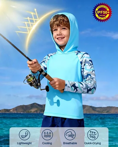 Miniatura 3 de Sudadera con capucha para niños, protección solar UPF 50+, manga larga, protección solar UV, camisa de pesca para niños y jóvenes, camisas de agua