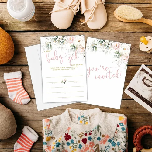 Miniatura 4 de TPYEN Invitaciones florales de acuarela para baby shower, una dulce niña está en camino, 25 tarjetas de invitación de relleno con sobres