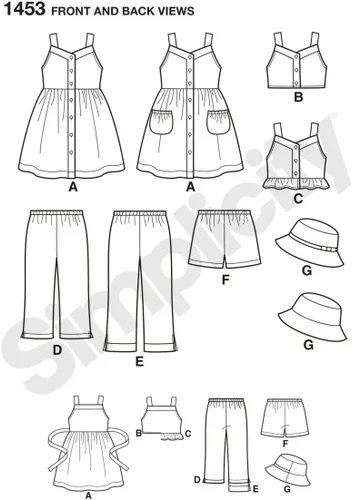 Miniatura 2 de Simplicity Kit de patrón de costura para vestido de niña, top, pantalones o pantalones cortos y sombrero, código 1453, tallas 3-8