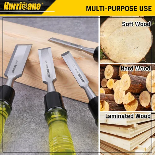 Miniatura 5 de HURRICANE Juego de 4 cinceles de madera para carpintería. Cuchillas de borde biselado de acero CR-V con tapas de seguridad. Agarre extra grande