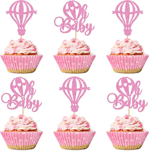 Miniatura 15 de Ercadio Paquete de 24 globos aerostáticos para cupcakes, globos con purpurina rosa, un globo para magdalenas, 1ª selección de cupcakes para globos