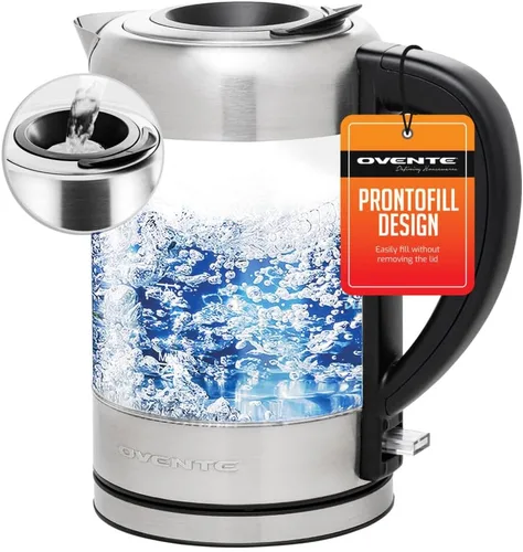 OVENTE Hervidor eléctrico con vidrio de borosilicato de 1.7 L, caldera de agua instantánea de 1500 W y calentador para café o té, sin BPA, tapa