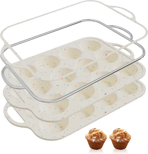 2 paquetes de 12 tazas de molde para magdalenas de silicona para hornear con marco reforzado de metal, molde para cupcakes de tamaño regular, Crema