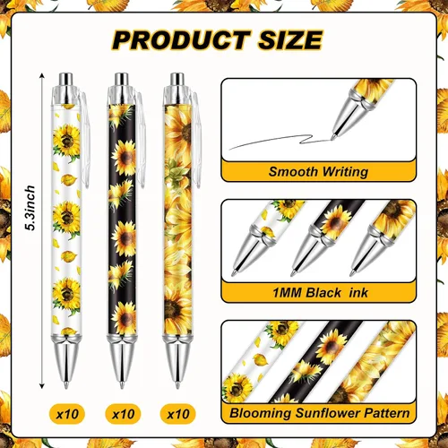 Miniatura 2 de Qilery 30 bolígrafos de girasol retráctiles a granel de flores amarillas florales creativas para plantas, bolígrafo de tinta negra, punta media