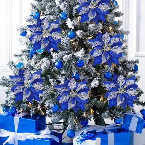 Miniatura 9 de Juego de 14 flores de Pascua de 8.7 pulgadas de ancho, 4 capas de flores de pascua con purpurina azul para árbol de Navidad, coronas, guirnaldas