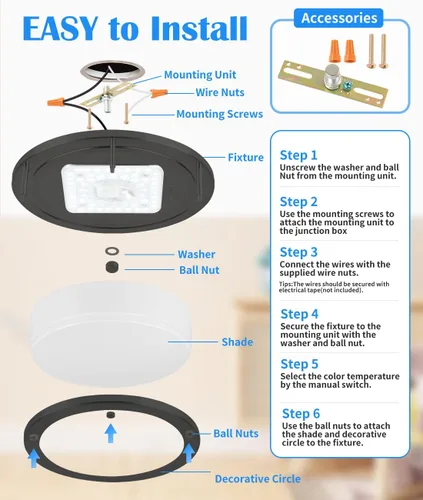 Miniatura 6 de Paquete de 2 Lámparas de Techo Negras, Lámpara de Techo LED de Montaje al Ras de 10 Pulgadas - Luces LED de Baño y Dormitorio Negro Mate