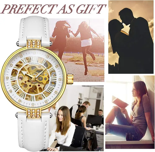 Miniatura 5 de Reloj de pulsera para mujer, analógico, números romanos esqueleto cristal automático automático automático reloj de cuero mecánico