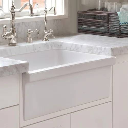 Miniatura 4 de Whitehaus WHQ330-WH Farmhaus Quatro Alcove - Fregadero reversible de arcilla refractaria de 30 pulgadas con delantal estriado, color blanco