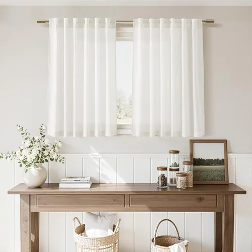 Miniatura 7 de Nanspring - Cortinas cortas de lino semitraslúcidas, con pestañas traseras y jareta, filtrado de luz; para cocina, ventana pequeña, sótano, Café