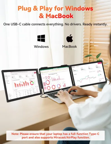 Miniatura 2 de HotYeah Extensor de pantalla para laptop, conexión de un cable (Windows y Mac), monitor portátil dual 1080P de 14 pulgadas, USB-C HDMI, pantalla