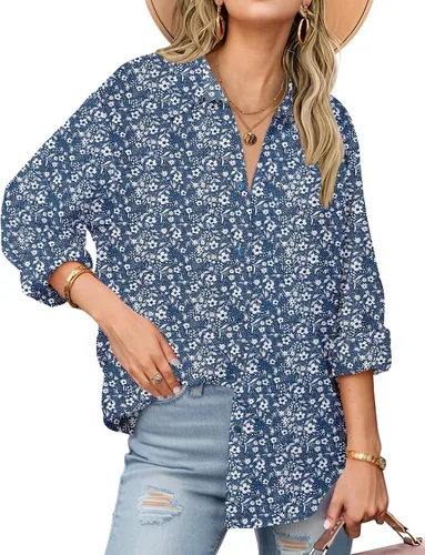 Miniatura 18 de Zeagoo - Blusas de lino con botones para mujer, de gasa, algodón, manga larga, blusas informales con cuello, corte holgado