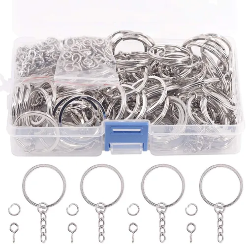 Miniatura 17 de Swpeet Juego de 450 llaveros planos negros de 4/5 pulgadas de 0.787 in, incluye 150 llaveros divididos con cadena y 150 anillos de salto con 150