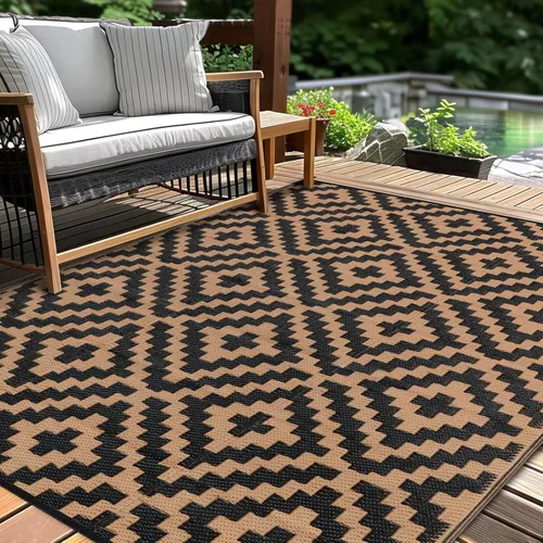 Miniatura 13 de Alfombra de paja de plástico para patio al aire libre, 5 x 8 pies, impermeable, reversible, alfombra de área, patio, caravana, porche, balcón, Azul