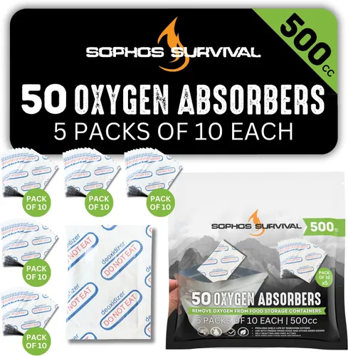 50 paquetes de absorbentes de oxígeno de 500 cc (paquete de 10 en bolsa individual al vacío) Absorbentes de oxígeno seguros para alimentos por la