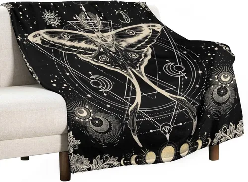 Miniatura 34 de Manta gótica de franela de polilla abstracta, mágica, bohemia, mariposa, esqueleto, luna, estrellas, manta estética para hombres, mujeres, niñas