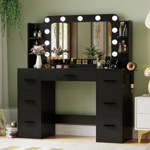 Miniatura 10 de JUMMICO Escritorio de tocador de maquillaje con espejo grande y luces, tocador con regleta de enchufes y soporte para secador de pelo, 6 estantes