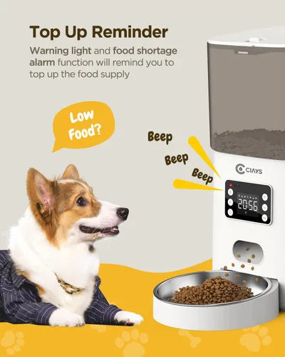 Miniatura 6 de Ciays Comedero automático para gatos, 6L, blanco, plástico y acero inoxidable, dispensa hasta 20 porciones, 6 comidas por día, con alarmas