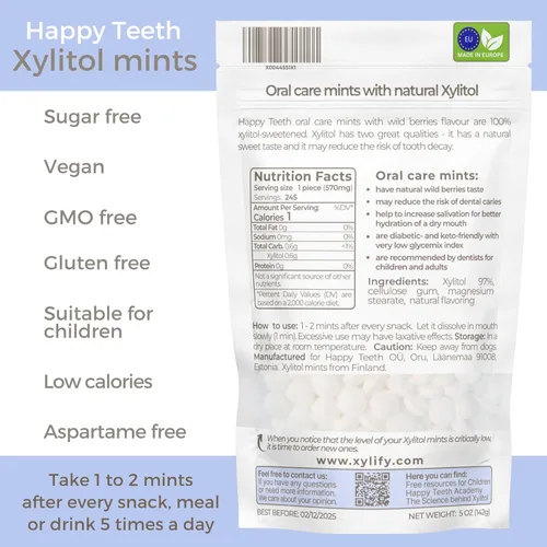 Miniatura 2 de Mentas de xilitol para el cuidado oral - Sabor bayas silvestres, 100% xilitol endulzado, caramelo sin azúcar, mentas dentales Happy Teeth