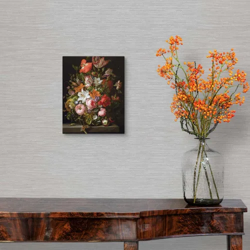 Miniatura 4 de CANVAS ON DEMAND Naturaleza muerta de rosas, lirios, tulipanes y otras flores en un jarrón de cristal, lienzo impreso para pared, por Rachel