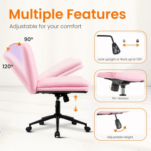 Miniatura 5 de NEO CHAIR Silla cruzada con ruedas, escritorio de tocador sin brazos, silla ancha y cómoda, patas cruzadas, computadora giratoria ajustable