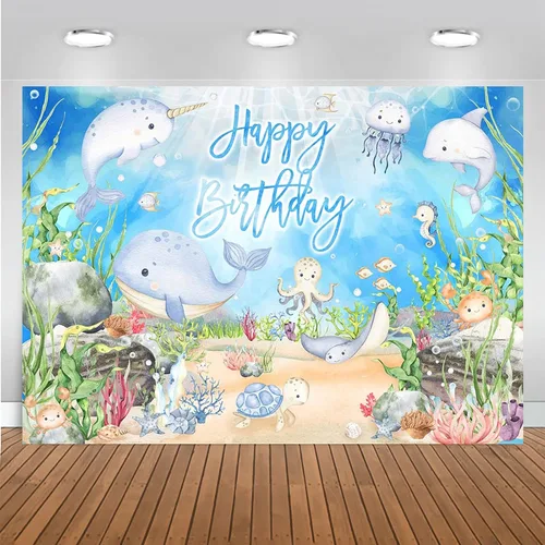 Mocsicka Pancarta de cumpleaños con texto en inglés "Under The Sea", decoración de acuarela pulpo, ballena, tiburón, animal marino, fondo para