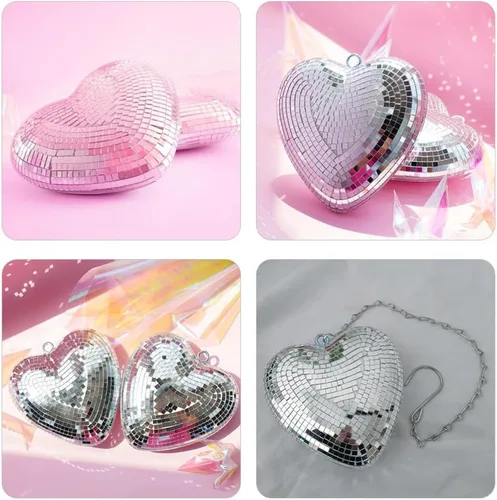 Miniatura 9 de VILLCASE Bolas de discoteca en forma de corazón, decoraciones de bola de discoteca plateada con cadena adjunta, colgante de luz reflectante para DJ