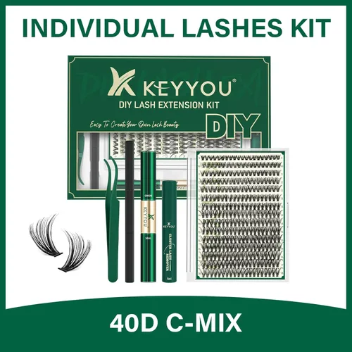 Miniatura 8 de Kit de extensión de pestañas DIY de KEYYOU, 300 piezas de racimos de pestañas, kit de extensión de pestañas con 40D de rizado C, 9-18MIX de racimos