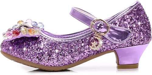Miniatura 5 de Zapatos de princesa para niños y niñas, con lentejuelas y diamantes de imitación, zapatos de baile de cristal para niños (morado, 5 años)