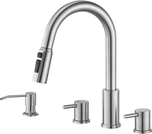 Miniatura 9 de Tohlar Grifo de cocina de 4 agujeros, grifo de cocina dorado cepillado con dispensador de jabón y rociador extraíble, 3 modos, grifo de fregadero