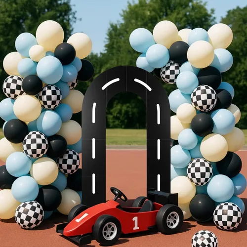 Zhanmai Decoración de fondo para fiesta de carreras, soporte de arco de pista de carreras en forma de U con bolsa de agua ponderada, juego de tabla