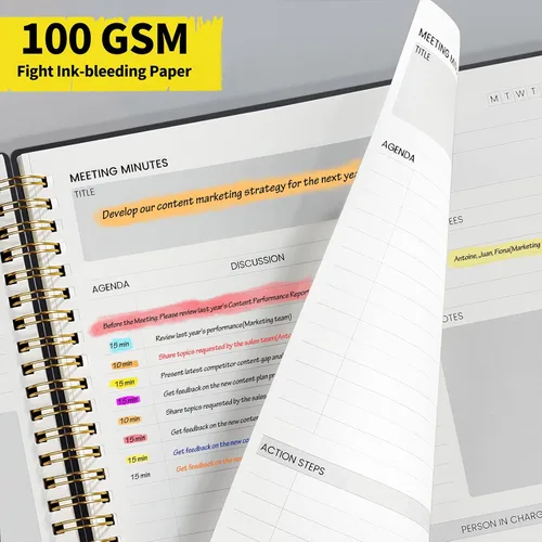 Miniatura 5 de SUNEE Cuaderno de reuniones para el trabajo con pestañas adhesivas, 160 páginas, planificador de proyectos de tamaño A4, agenda de reuniones en Negro