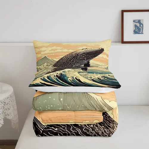 Miniatura 5 de Erosebridal Juego de edredón de ballena náutica, tamaño individual, juego de ropa de cama vintage azul con ondas oceánicas para niños y niñas